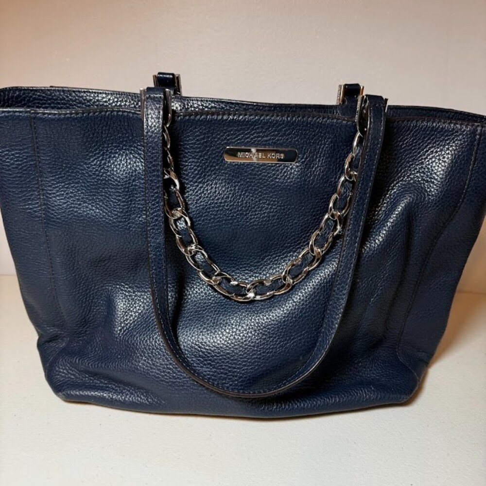 Michael Kors Harper East West Tote Bag Navy Blue Pebbled Leather Silver Hardware